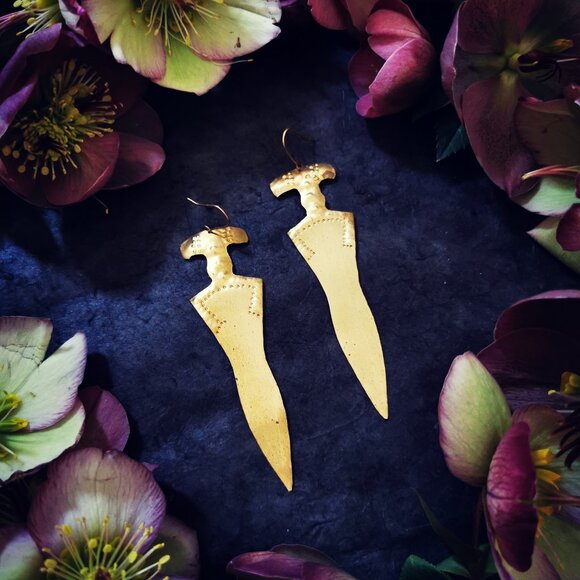 Artisanal Handmade ~ Ancient Sword Brass Earrings - Picture 4 of 4